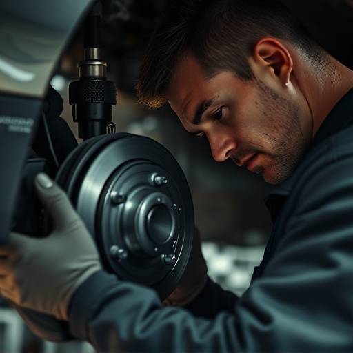 A mechanic inspecting car brakes