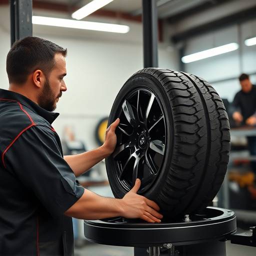 A mechanic using a balancing machine to ensure proper tire balance.