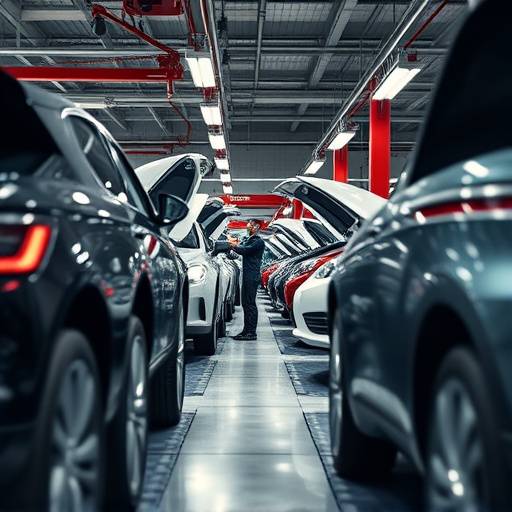 Auto body repair shop with technicians working on various vehicles, repairing dents and applying paint.