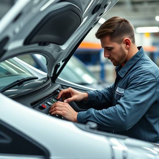 Image of a hybrid vehicle's battery pack being inspected by a mechanic with specialized tools.