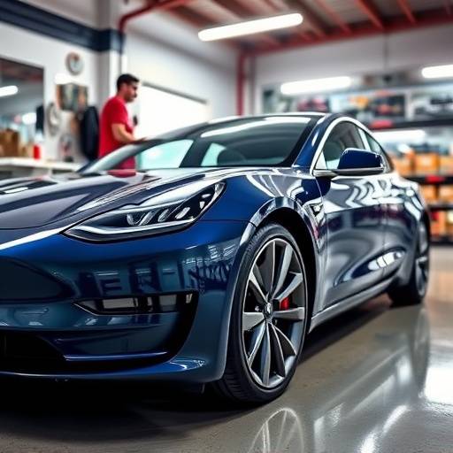 Image of a Tesla Model 3 receiving paint protection film installation.
