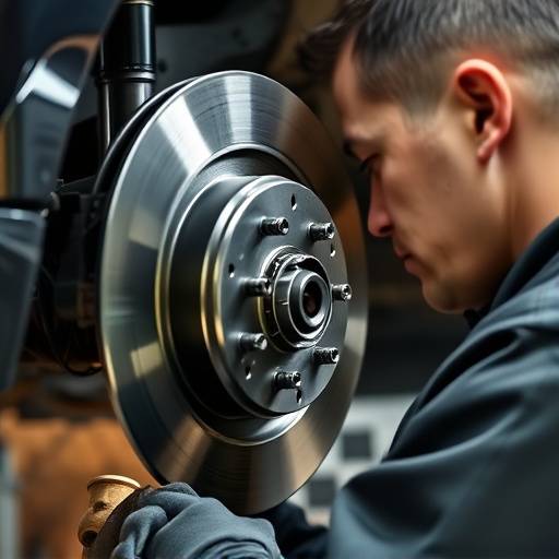 Mechanic carefully examining the brake rotor and caliper of a car.