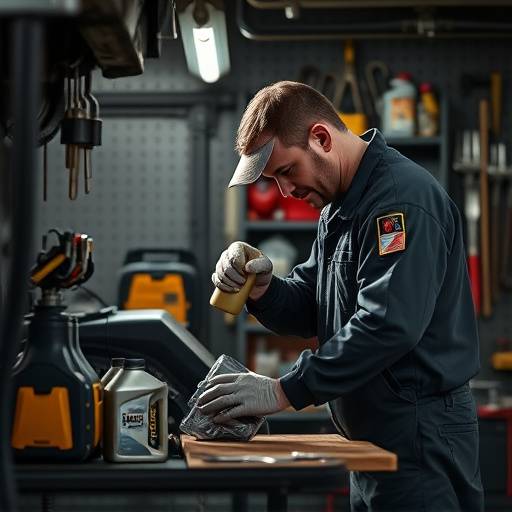 Mechanic performing an oil change on a vehicle, with various oil filters and tools laid out neatly.