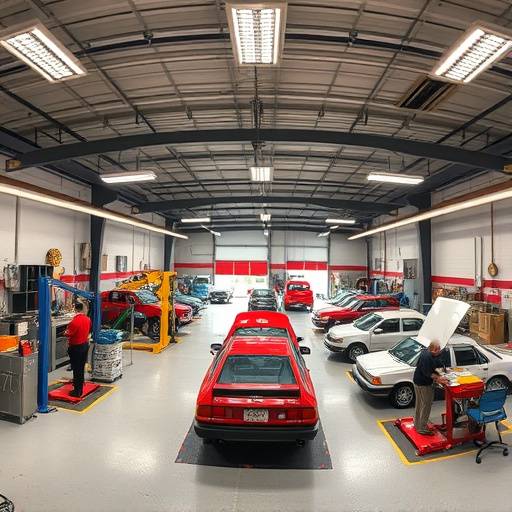 Panoramic view of AutoFix Garage workshop filled with state-of-the-art equipment and mechanics working on various vehicles.