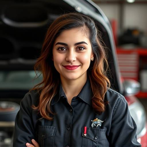 Portrait of Maria Garcia, auto body technician at AutoFix Garage